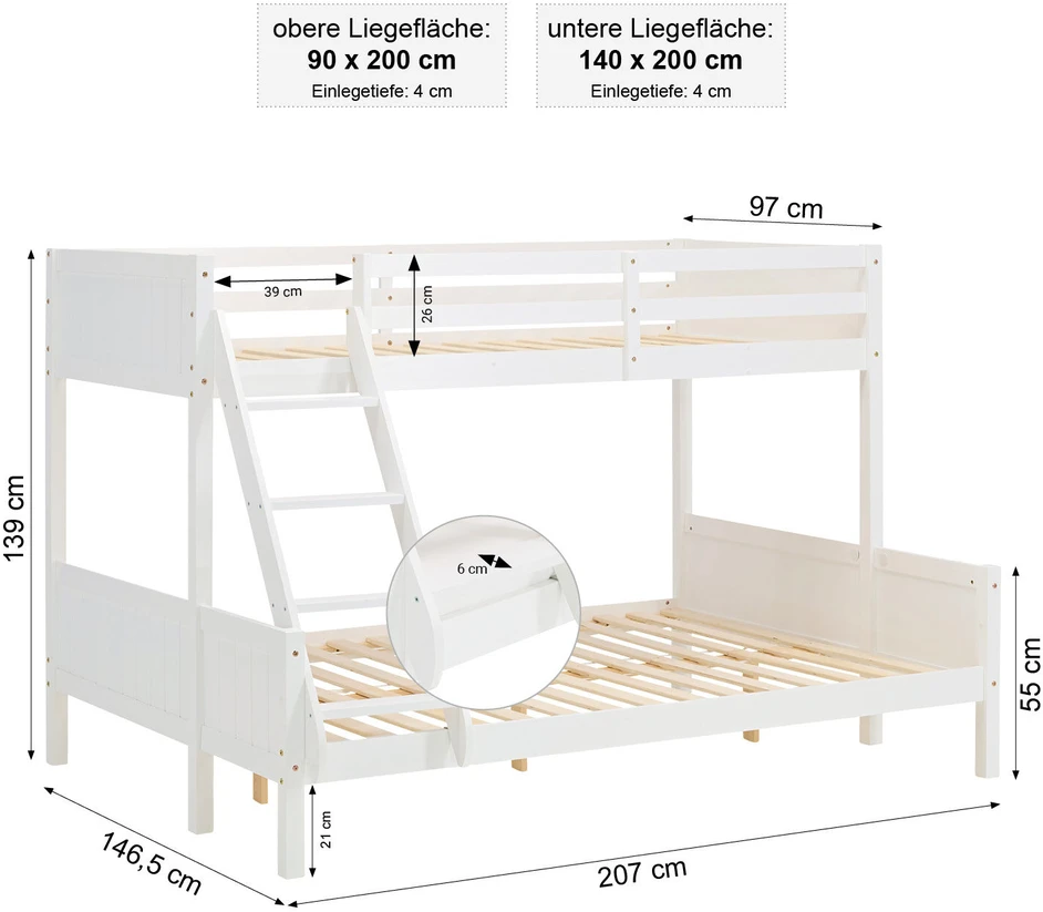Homestyle4U Dviaukštė lova, 207x146.5x139 cm, balta
