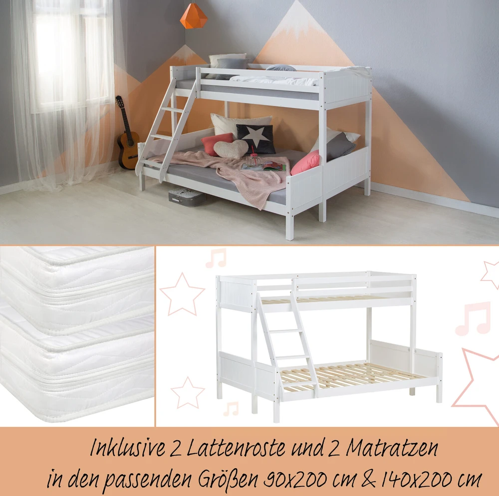 Homestyle4U Dviaukštė lova, 207x146.5x139 cm, balta