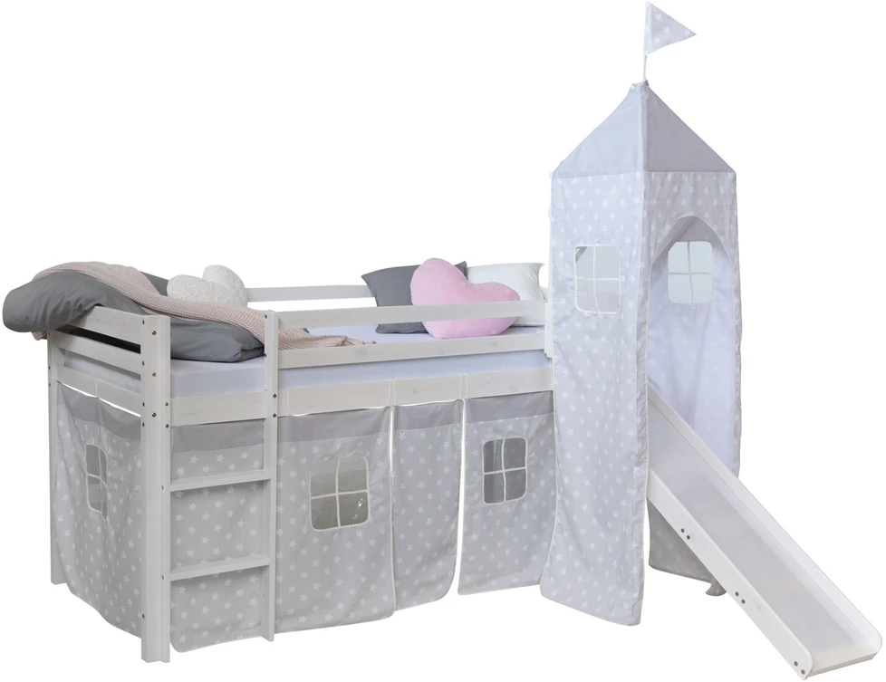 Homestyle4U Dviaukštė lova su čiuožykla, 207.5x228x219.5 cm, balta, pilka
