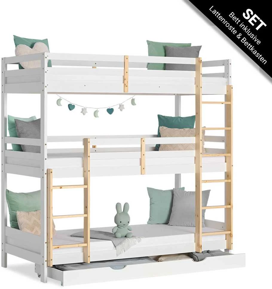Homestyle4U Trivietė dviaukštė lova, 203x205x103 cm, balta, ruda