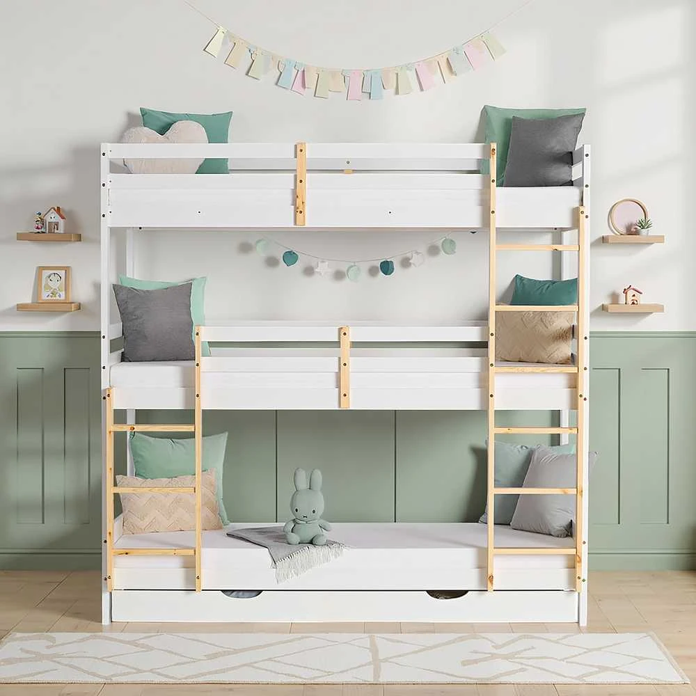 Homestyle4U Trivietė dviaukštė lova, 203x205x103 cm, balta, ruda