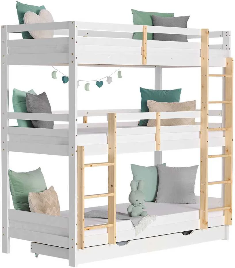 Homestyle4U Trivietė dviaukštė lova, 203x205x103 cm, balta, ruda