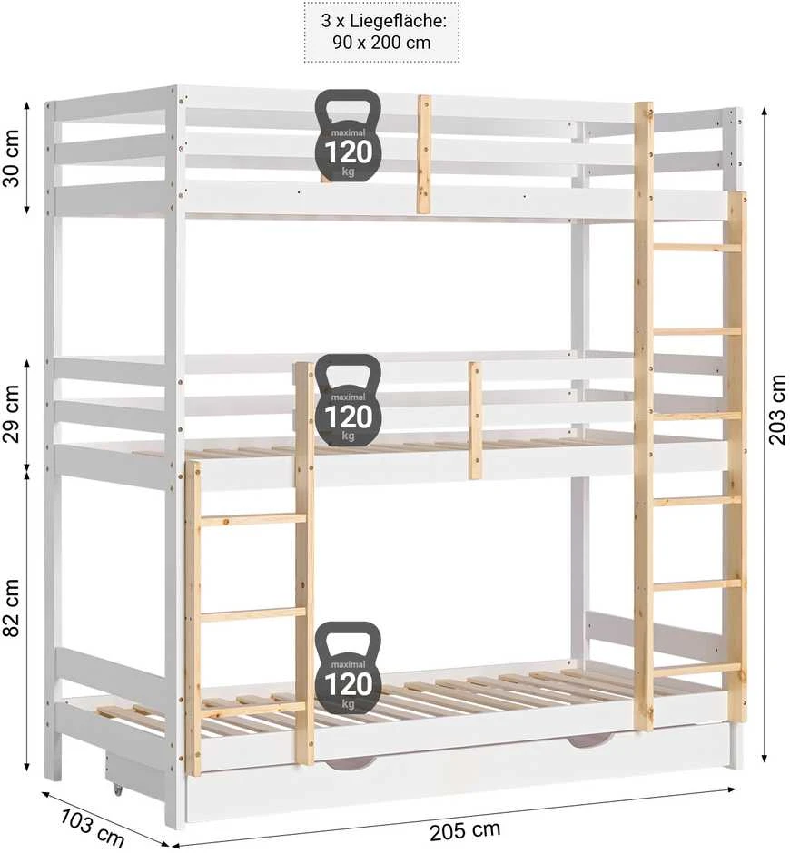 Homestyle4U Trivietė dviaukštė lova, 203x205x103 cm, balta, ruda