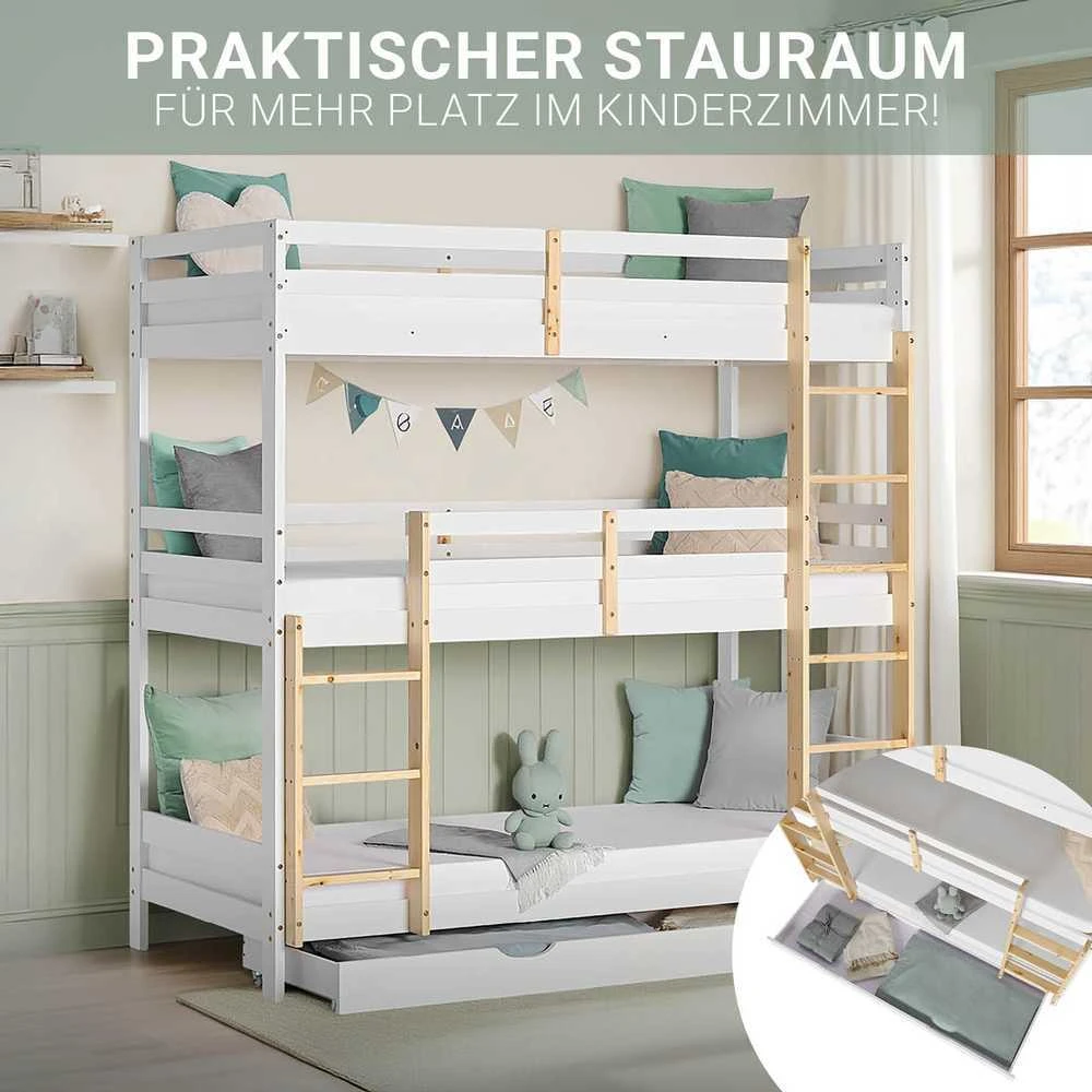 Homestyle4U Trivietė dviaukštė lova, 203x205x103 cm, balta, ruda