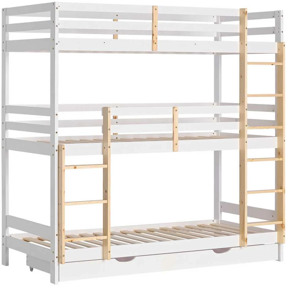 Homestyle4U Trivietė dviaukštė lova, 203x205x103 cm, balta, ruda