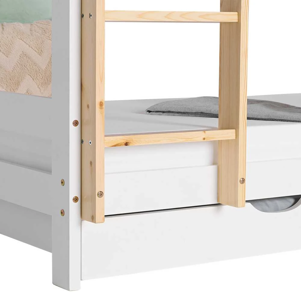 Homestyle4U Trivietė dviaukštė lova, 203x205x103 cm, balta, ruda