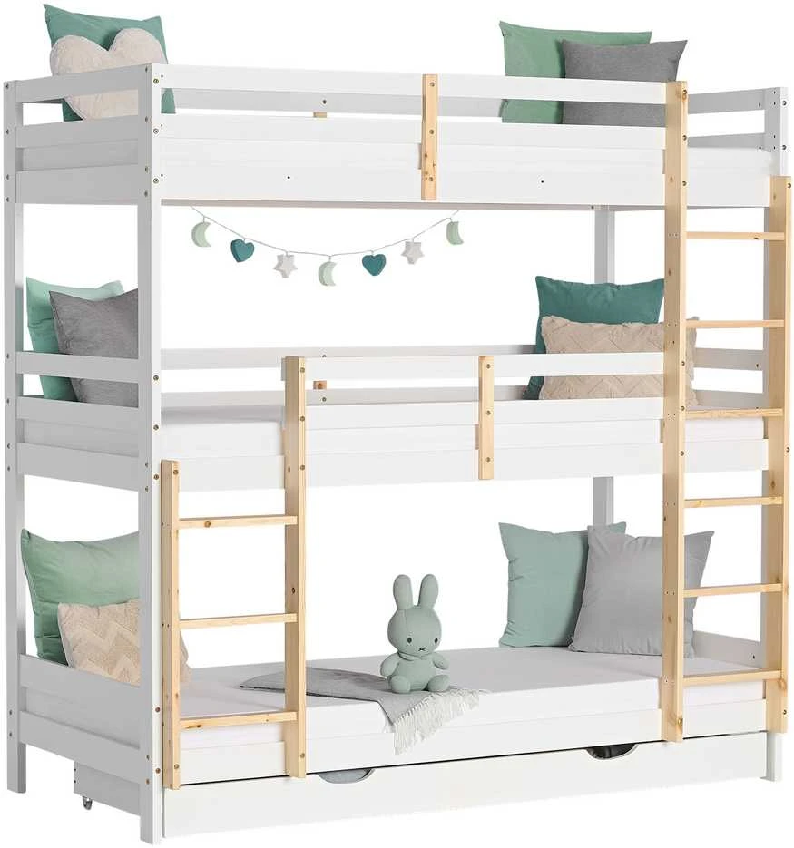 Homestyle4U Trivietė dviaukštė lova, 203x205x103 cm, balta, ruda