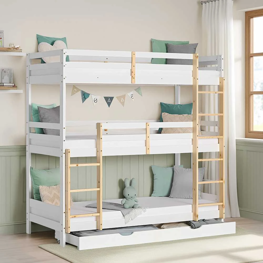 Homestyle4U Trivietė dviaukštė lova, 203x205x103 cm, balta, ruda
