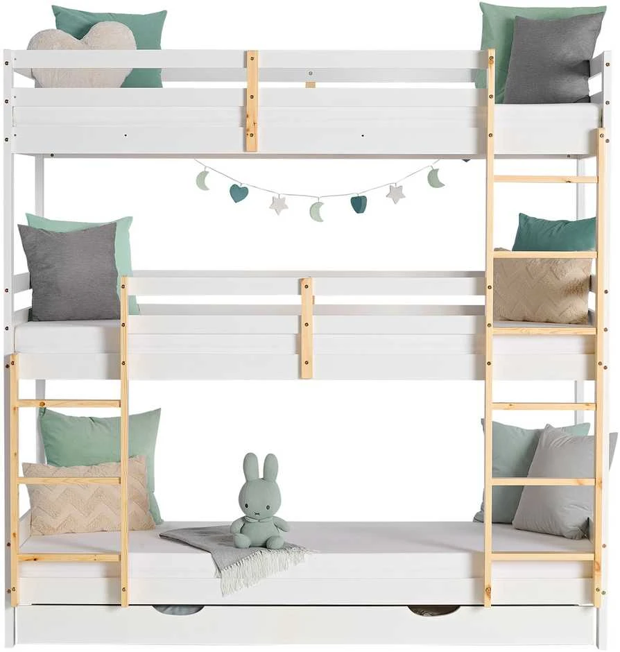 Homestyle4U Trivietė dviaukštė lova, 203x205x103 cm, balta, ruda
