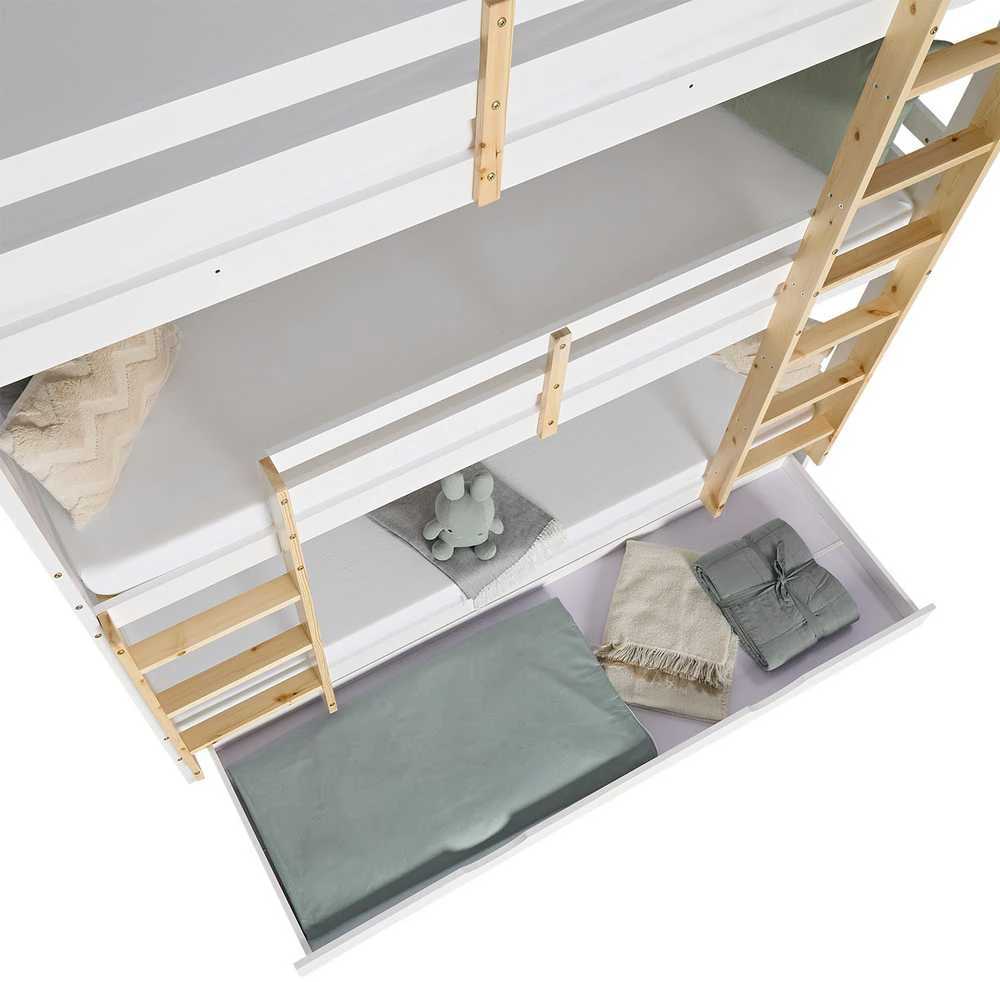 Homestyle4U Trivietė dviaukštė lova, 203x205x103 cm, balta, ruda
