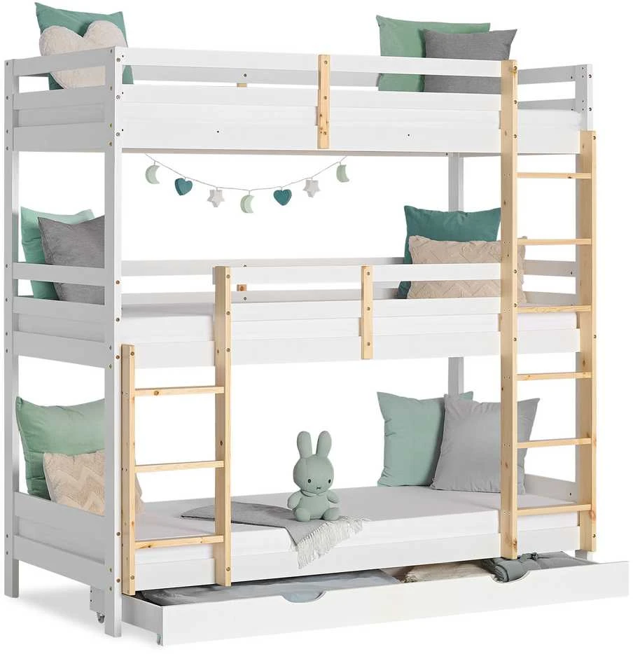 Homestyle4U Trivietė dviaukštė lova, 203x205x103 cm, balta, ruda