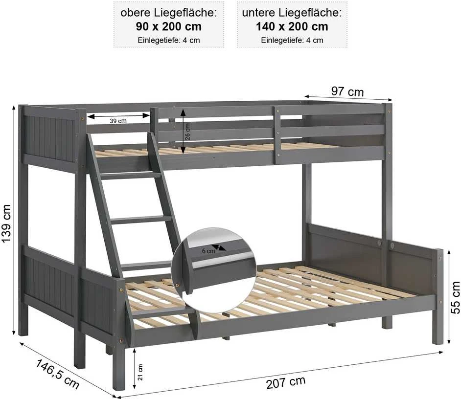 Homestyle4U Dviaukštė lova, 207x139x146.5 cm, pilka