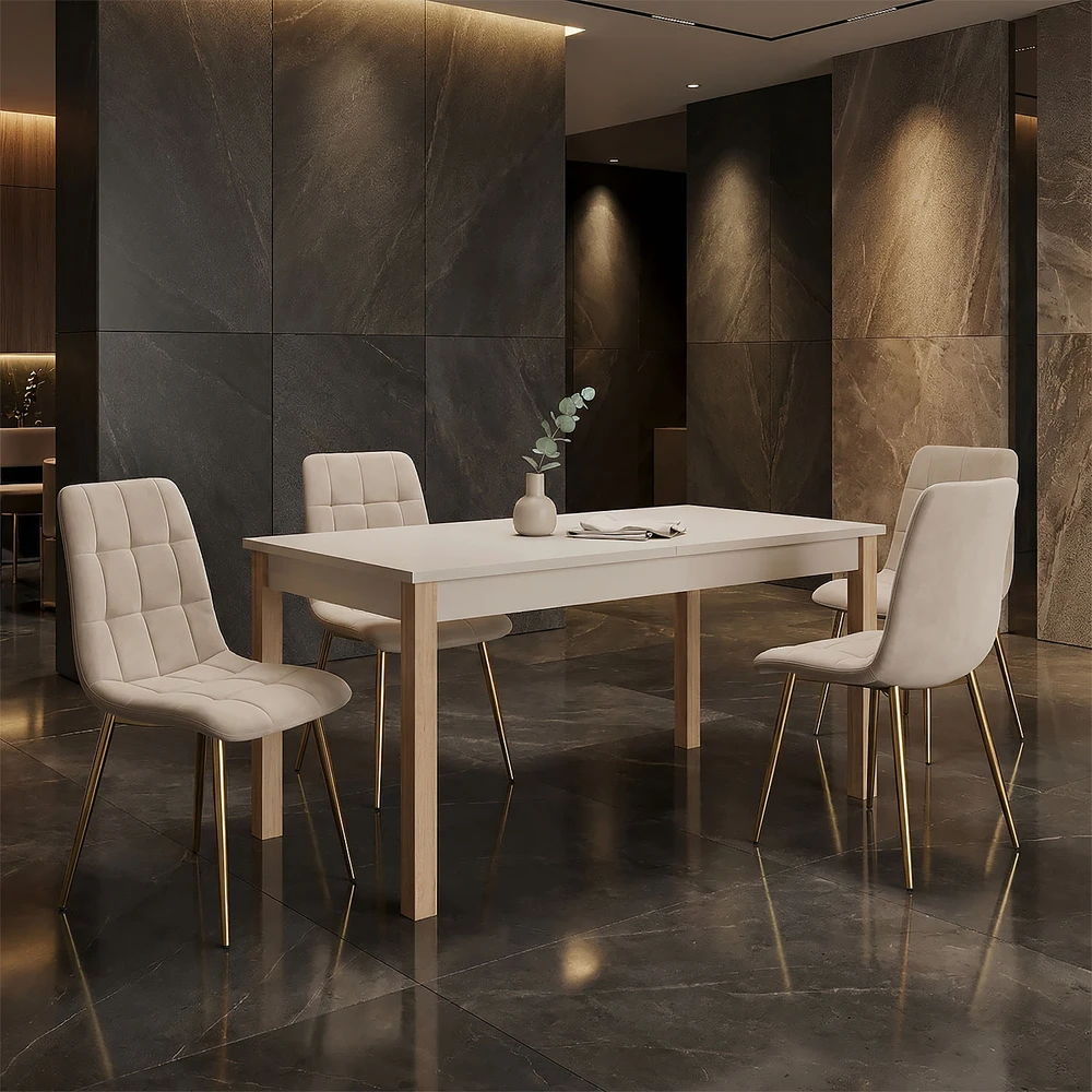 Homestyle4U Ištraukiamas valgomojo stalas 160-200x80x77 cm, bežinis/ąžuolo, medis, 8 asmenims