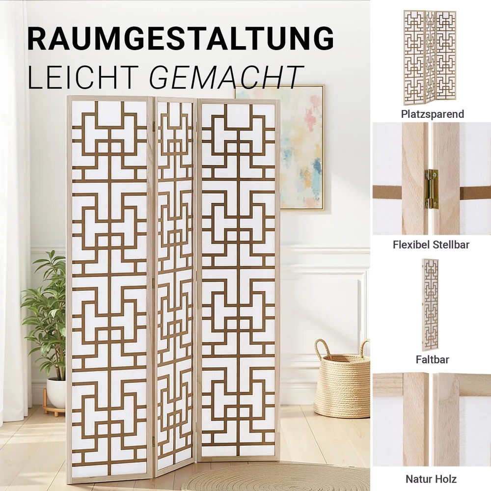 Homestyle4U Kambario pertvara, Shoji 3 dalių, 120x2x170 cm, natūrali ruda balta