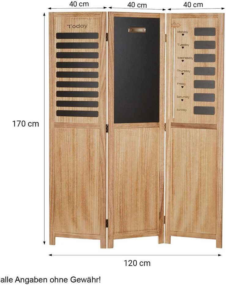 Homestyle4U Kambario pertvara, medinė 3 dalių juodos lentos privatumo ekranas-organizatorius, 120x2x170 cm, ruda