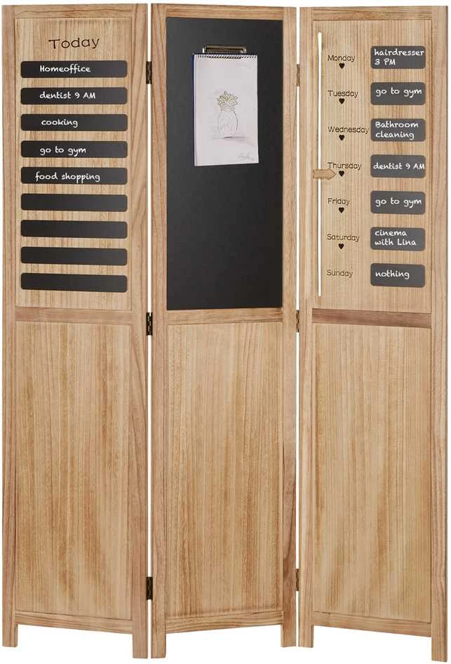 Homestyle4U Kambario pertvara, medinė 3 dalių juodos lentos privatumo ekranas-organizatorius, 120x2x170 cm, ruda