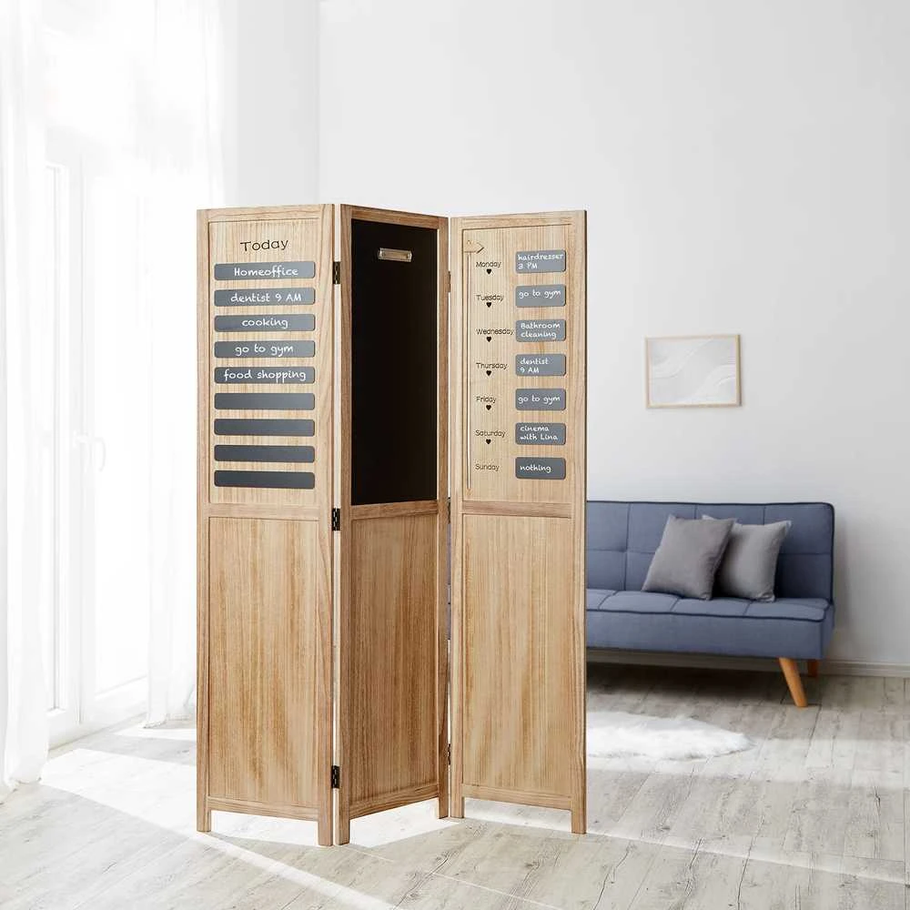 Homestyle4U Kambario pertvara, medinė 3 dalių juodos lentos privatumo ekranas-organizatorius, 120x2x170 cm, ruda