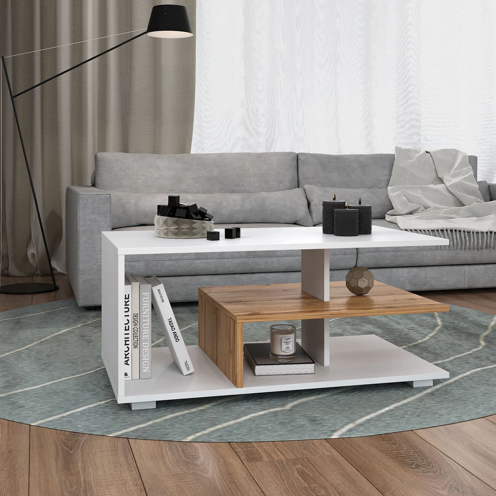 Homestyle4U Kavos staliukas, 90x41x50 cm, balta, ruda