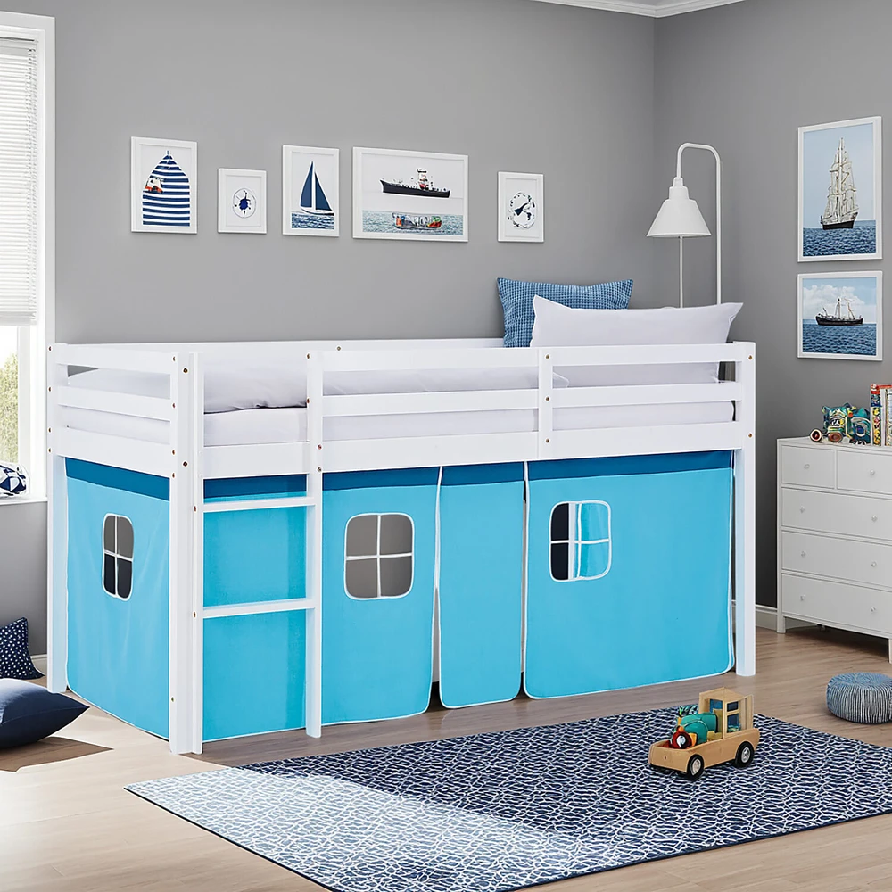 Homestyle4U Loft lova, 207.5x110x99.5 cm, balta mėlyna
