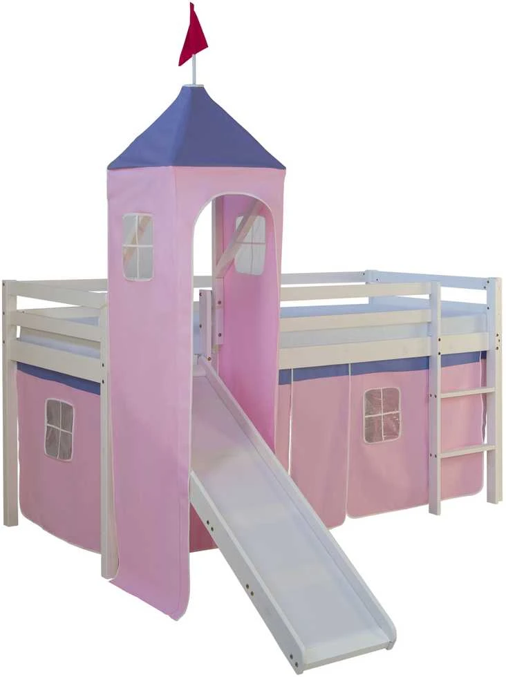 Homestyle4U Dviaukštė lova, 207.5x228x219.5 cm, rožinė ir balta
