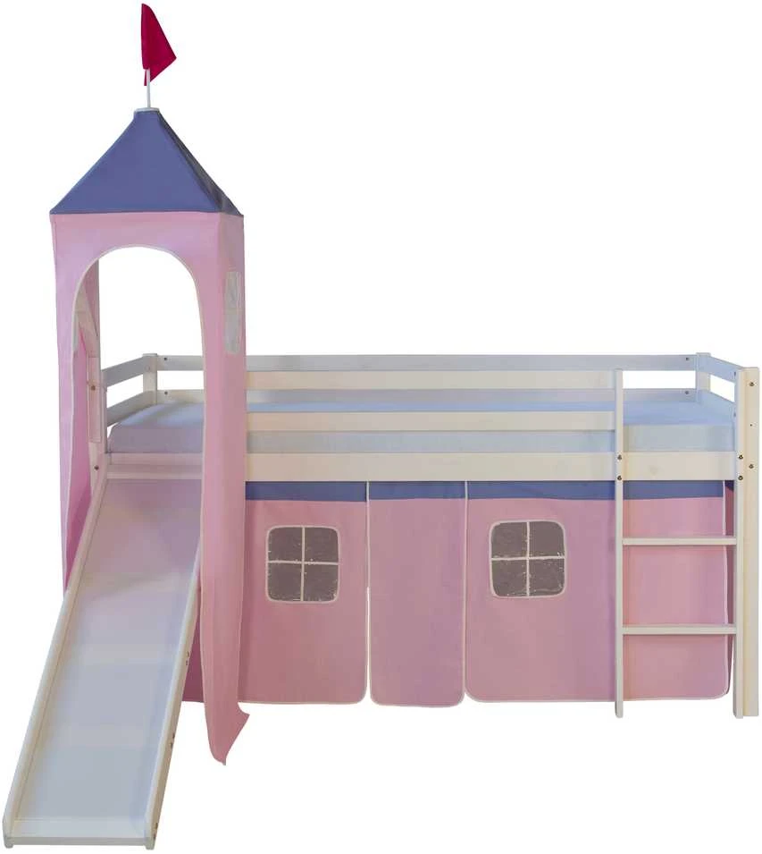 Homestyle4U Dviaukštė lova, 207.5x228x219.5 cm, rožinė ir balta