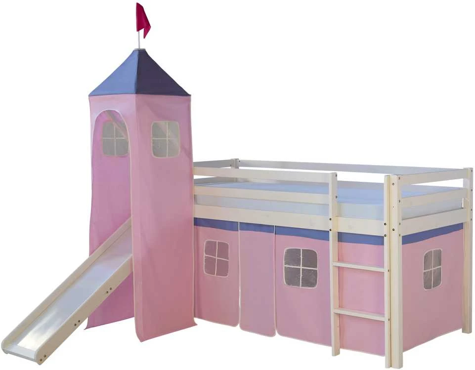 Homestyle4U Dviaukštė lova, 207.5x228x219.5 cm, rožinė ir balta