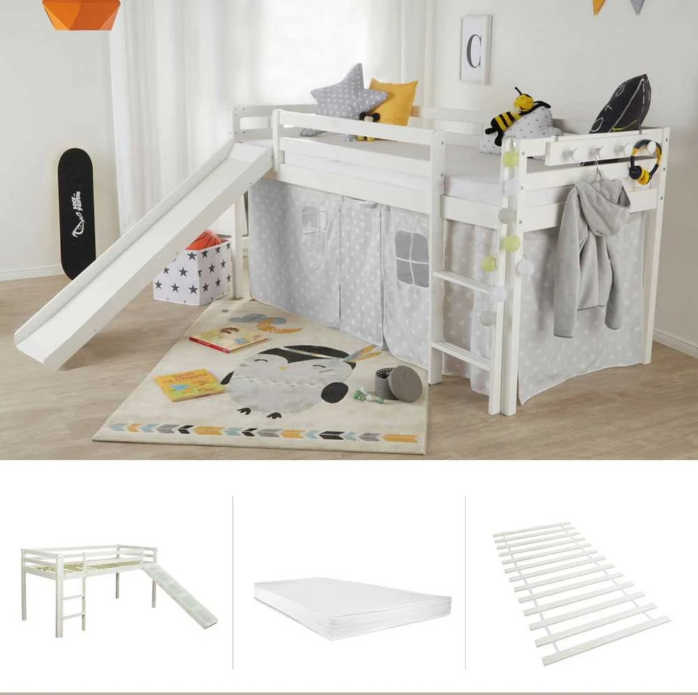Homestyle4U Dviaukštė lova, 207.5x110x217.5 cm, balta