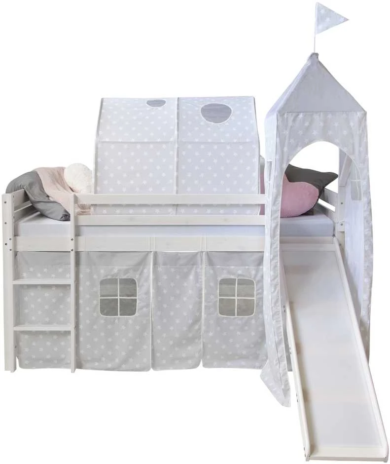 Homestyle4U Dviaukštė lova su čiuožykla, 207.5x228x219.5 cm, balta, pilka
