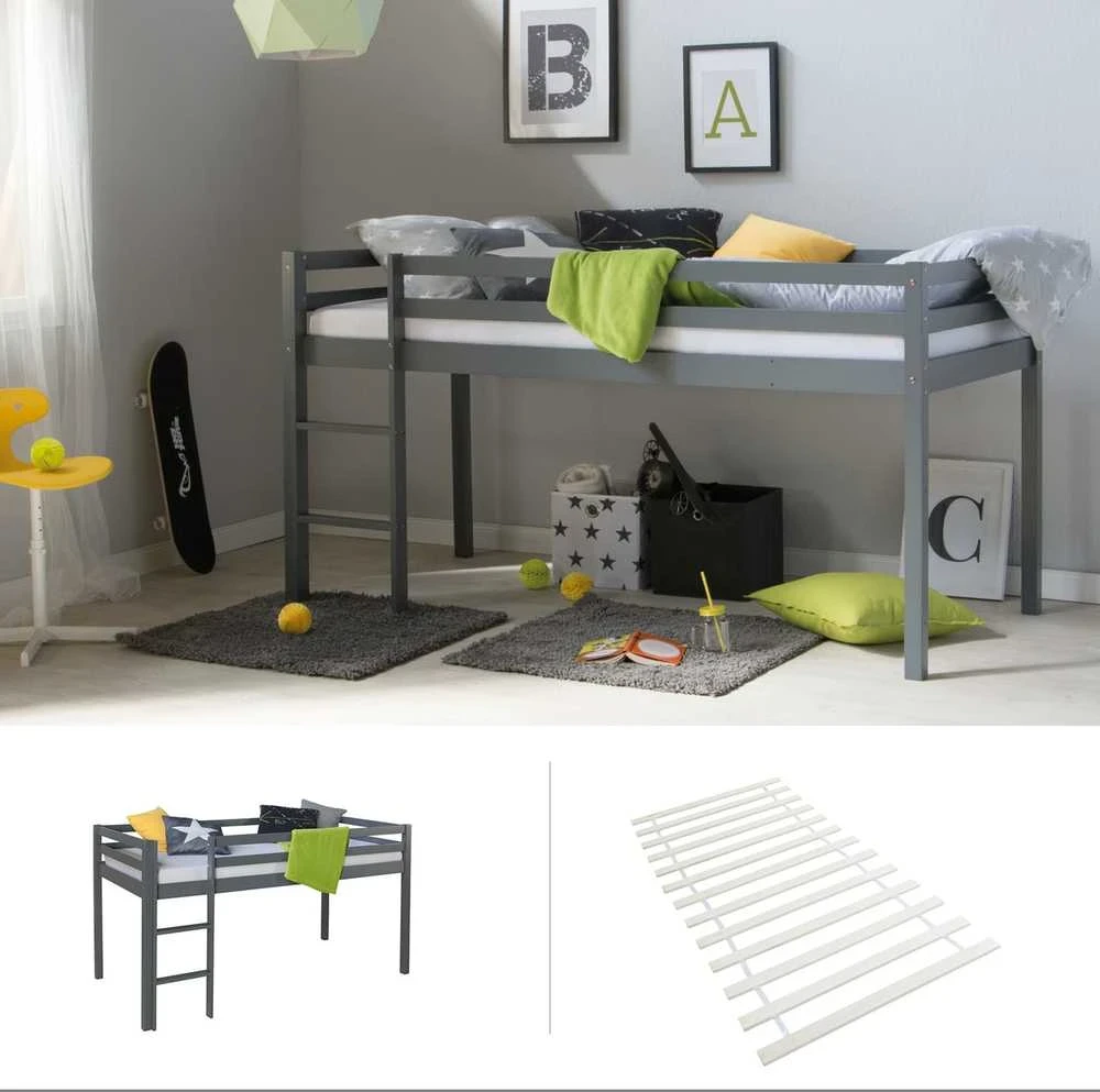 Homestyle4U Dviaukštė lova, 207.5x110x96.5 cm, pilka