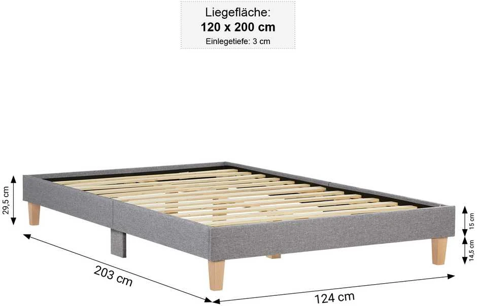 Lova Homestyle4U Lovos rėmas, aptrauktas dvigubas futonas, 124x203x29.5 cm, pilka