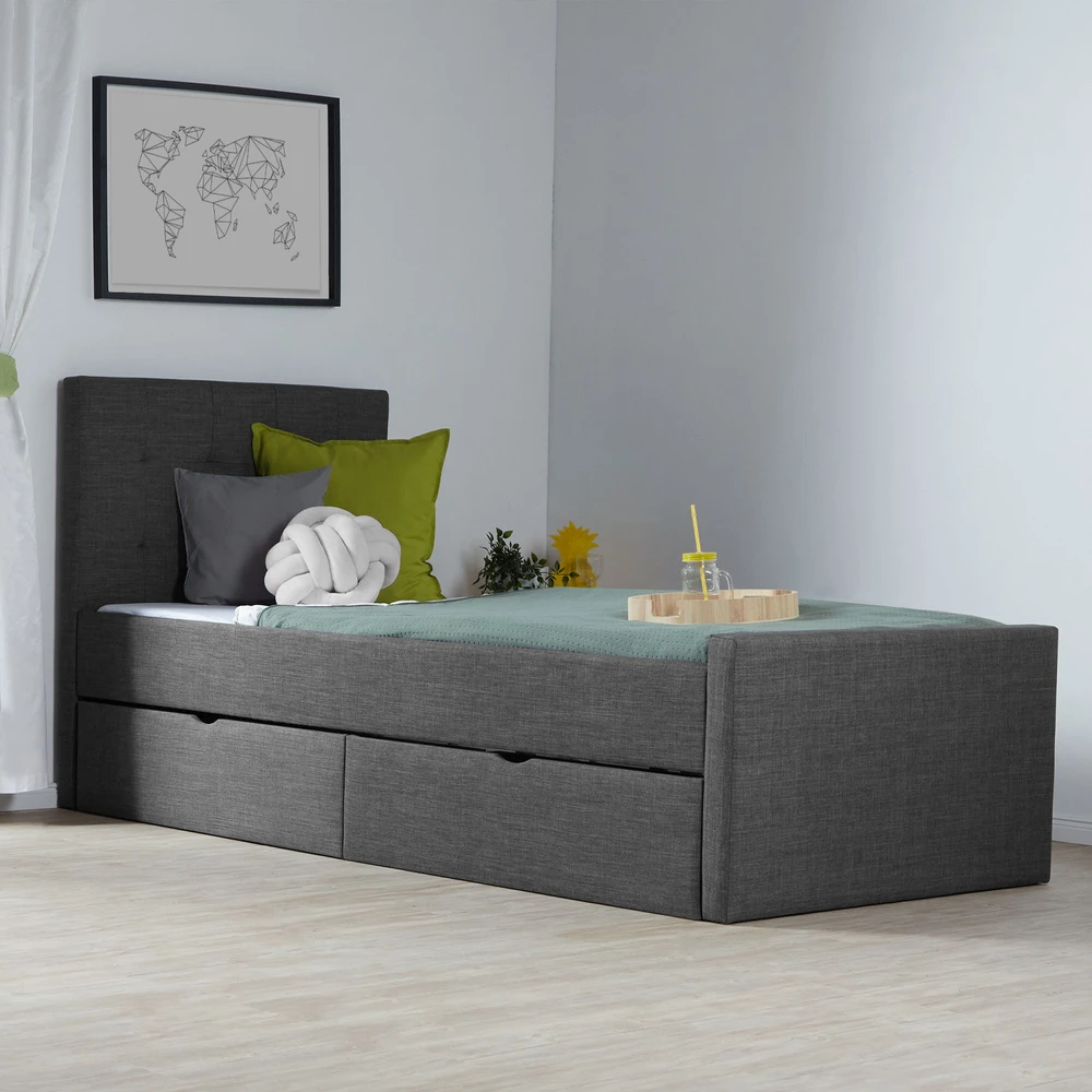 Homestyle4U Lova, Paminkštinta viengulė lova su galvūgaliu ir 2 stalčiais, 95x214x103 cm, Pilka