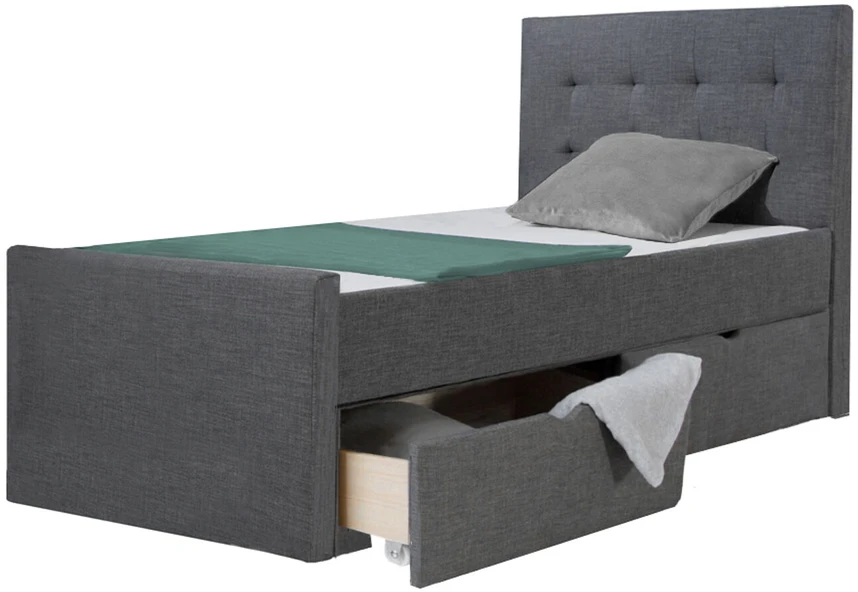 Homestyle4U Lova, Paminkštinta viengulė lova su galvūgaliu ir 2 stalčiais, 95x214x103 cm, Pilka