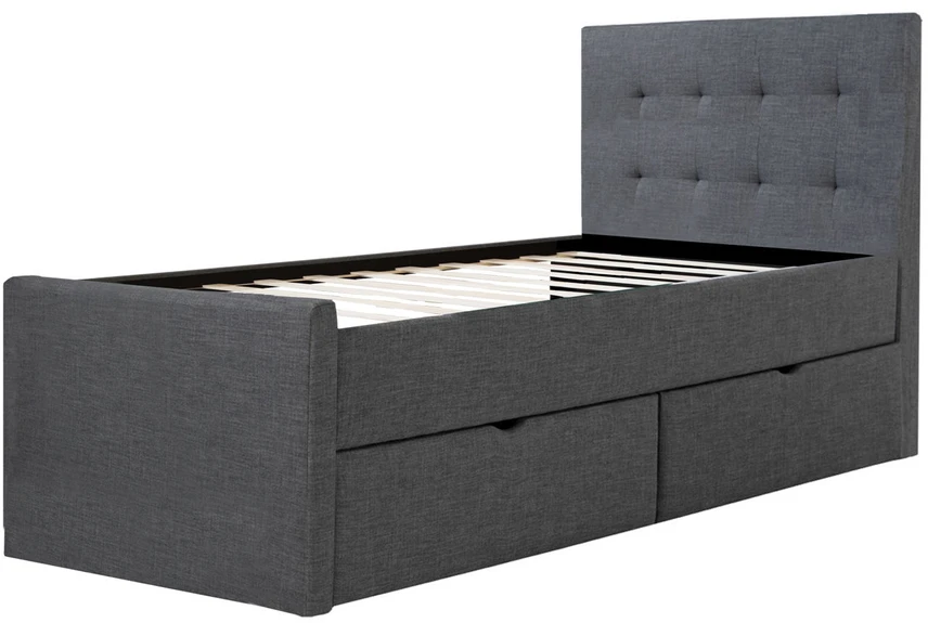 Homestyle4U Lova, Paminkštinta viengulė lova su galvūgaliu ir 2 stalčiais, 95x214x103 cm, Pilka