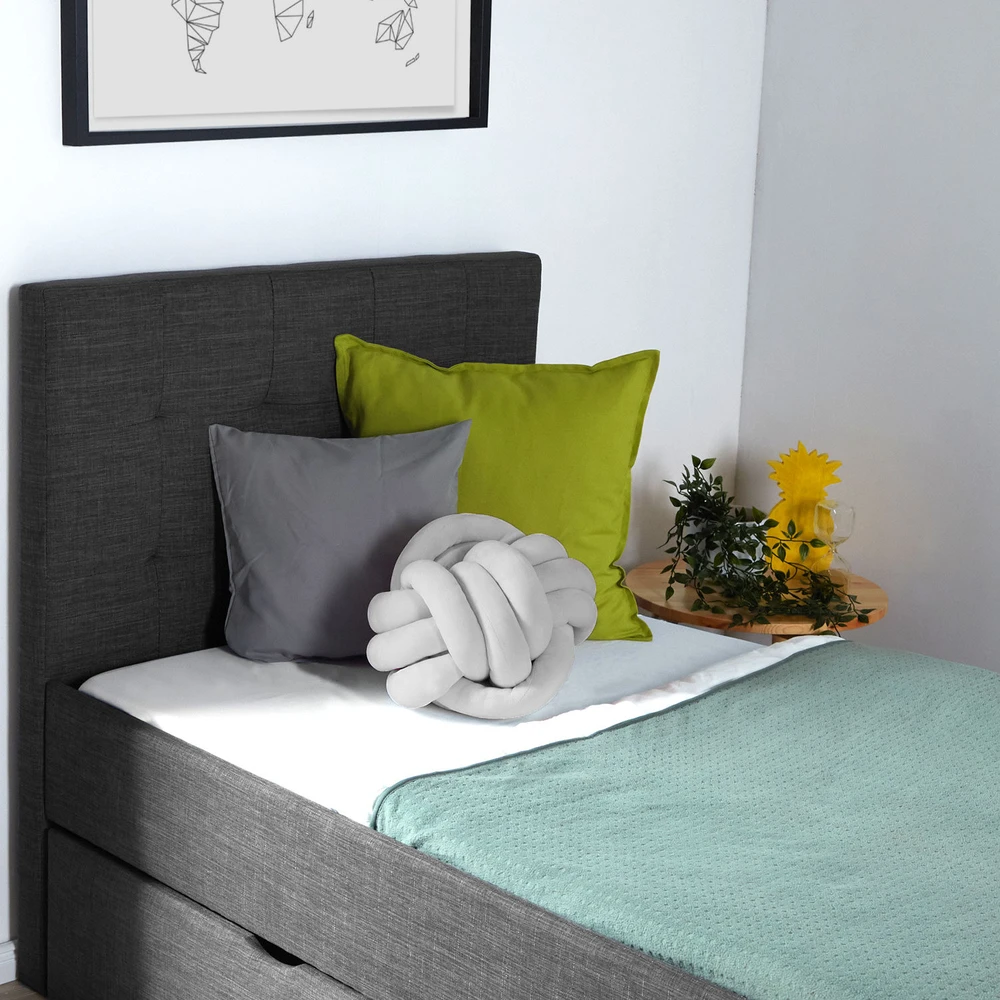 Homestyle4U Lova, Paminkštinta viengulė lova su galvūgaliu ir 2 stalčiais, 95x214x103 cm, Pilka