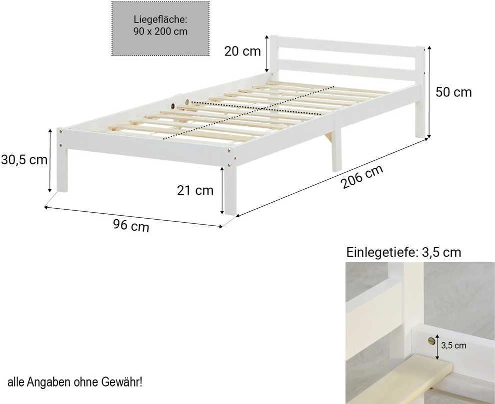 Homestyle4U Lova, tvirtas pušies medienos rėmas, 96x206 cm, balta
