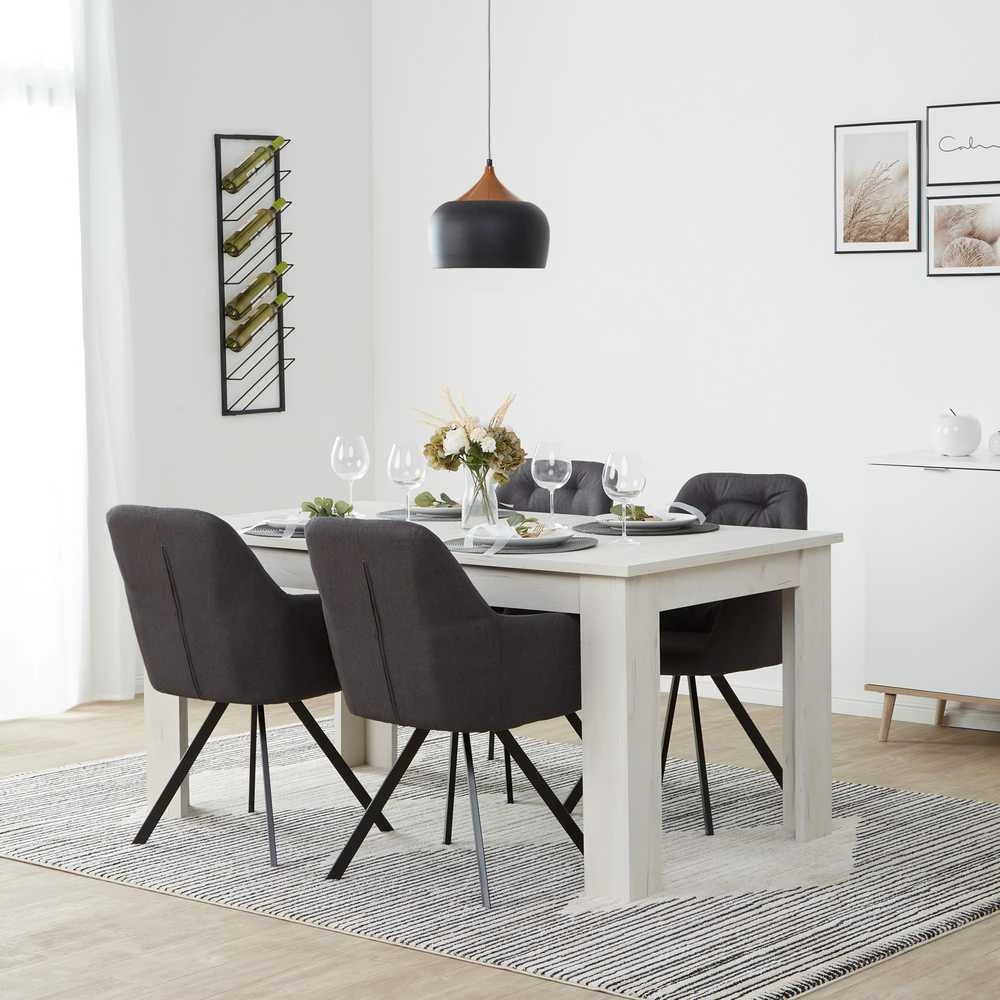 Homestyle4U Valgomojo stalas ir kėdžių komplektas, 160.5x90.5x76.5 cm, balta ir pilka