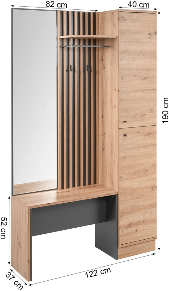 Homestyle4U Prieškambario spintos komplektas, 122x190x37 cm, ruda