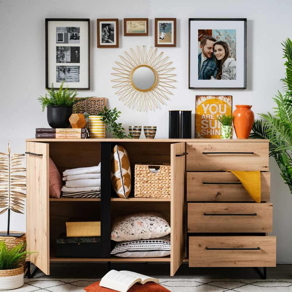 Homestyle4U Komoda, 159x92.5x42 cm, ruda juoda, medinė