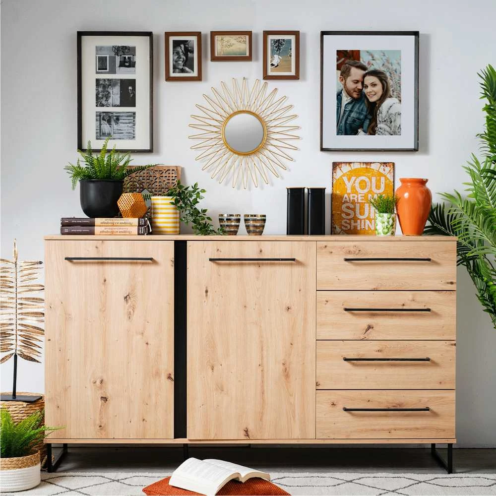 Homestyle4U Komoda, 159x92.5x42 cm, ruda juoda, medinė