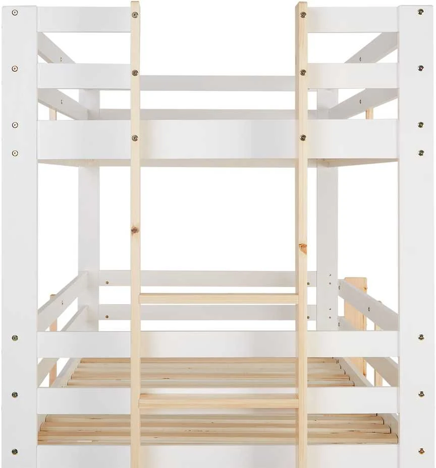 Homestyle4U Trivietė dviaukštė lova, 203x205x103 cm, balta, ruda