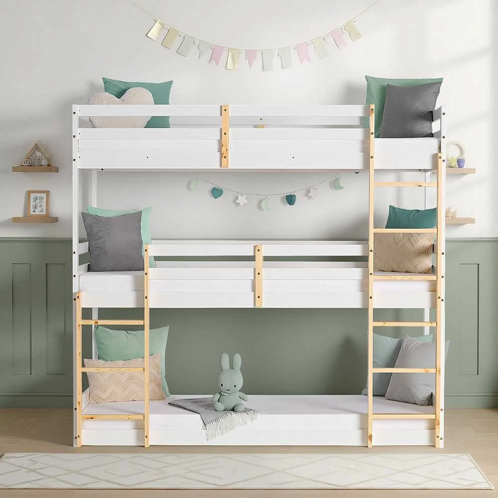 Homestyle4U Trivietė dviaukštė lova, 203x205x103 cm, balta, ruda