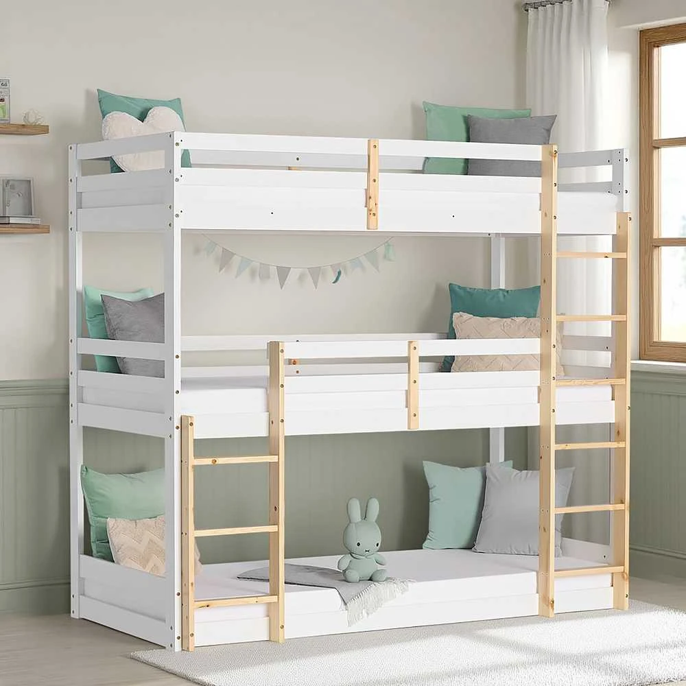 Homestyle4U Trivietė dviaukštė lova, 203x205x103 cm, balta, ruda