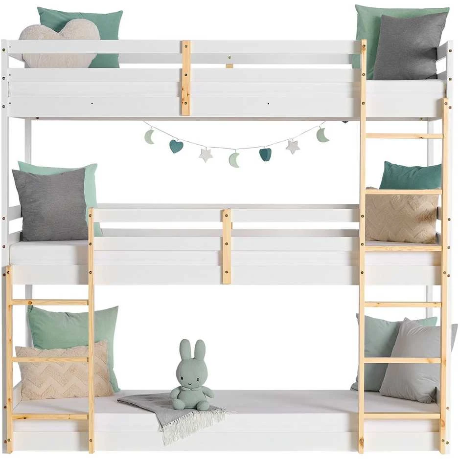 Homestyle4U Trivietė dviaukštė lova, 203x205x103 cm, balta, ruda