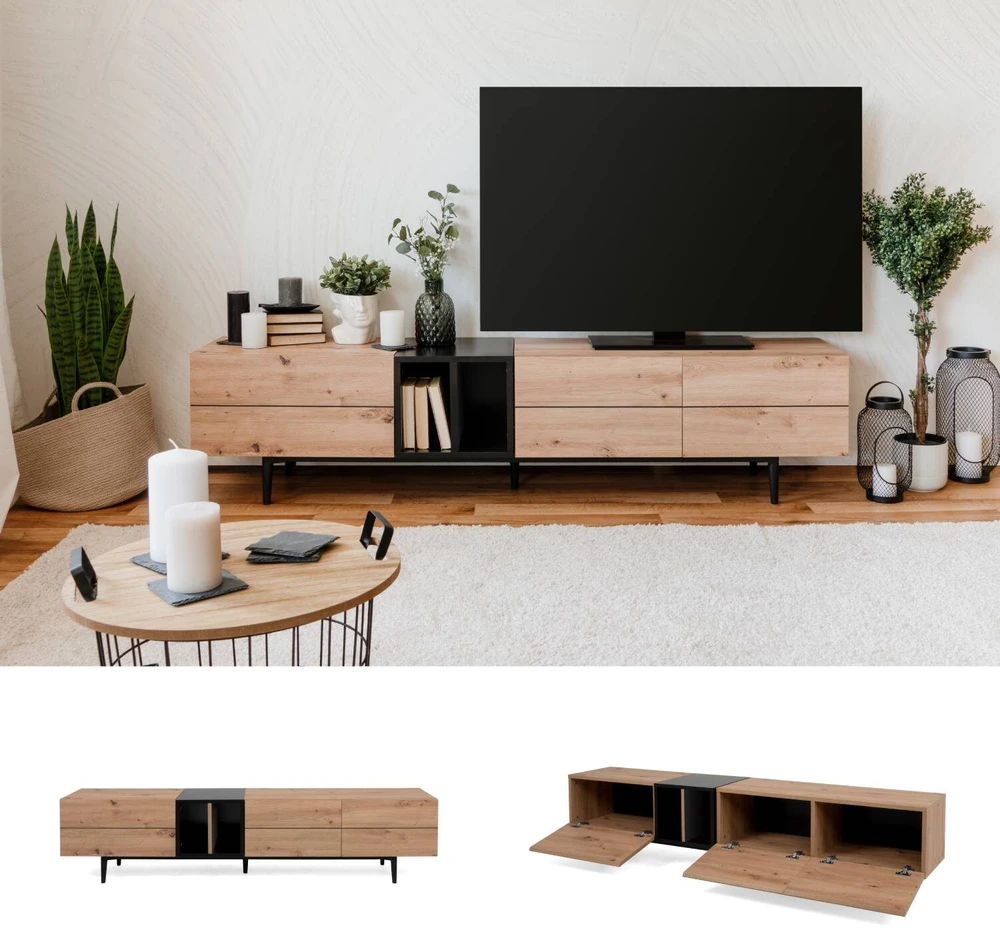 Homestyle4U TV staliukas, 195x37x48 cm, juodas, rudas