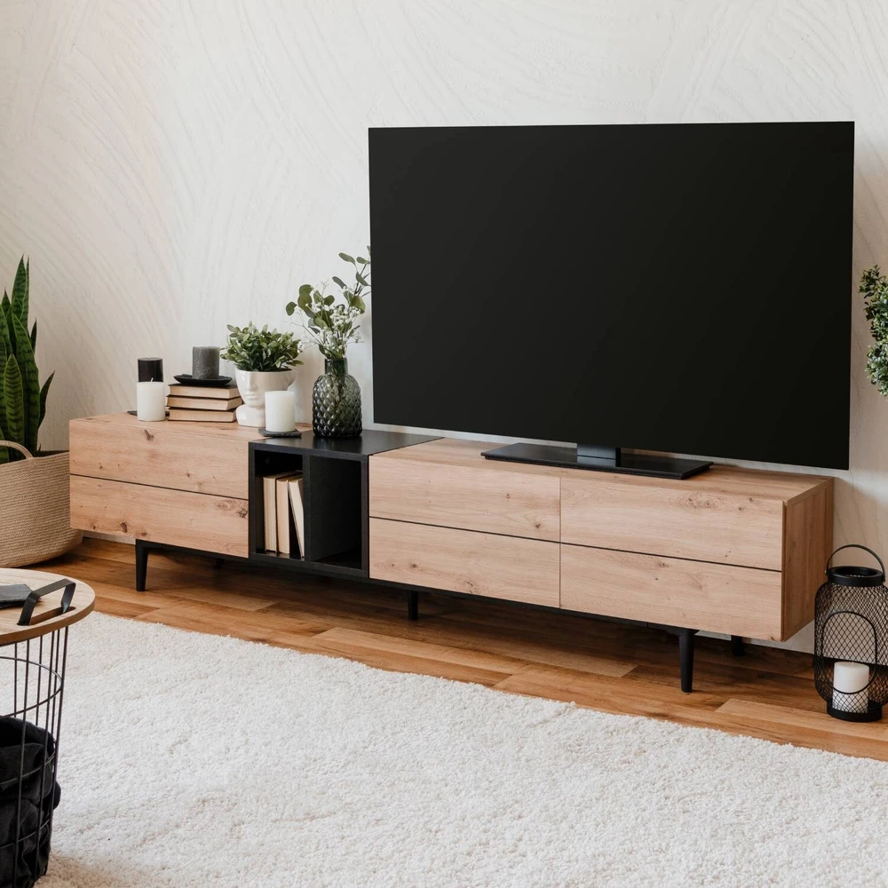 Homestyle4U TV staliukas, 195x37x48 cm, juodas, rudas