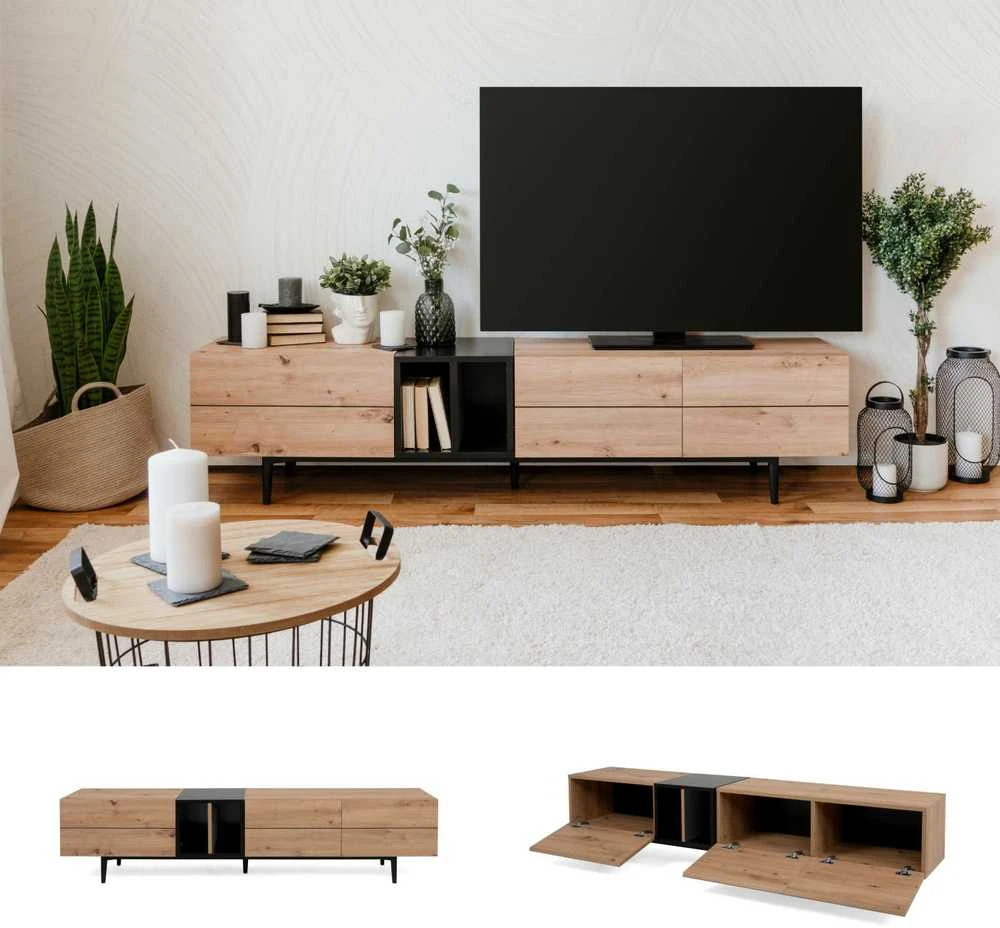 Homestyle4U TV staliukas, 195x37x48 cm, juodas, rudas