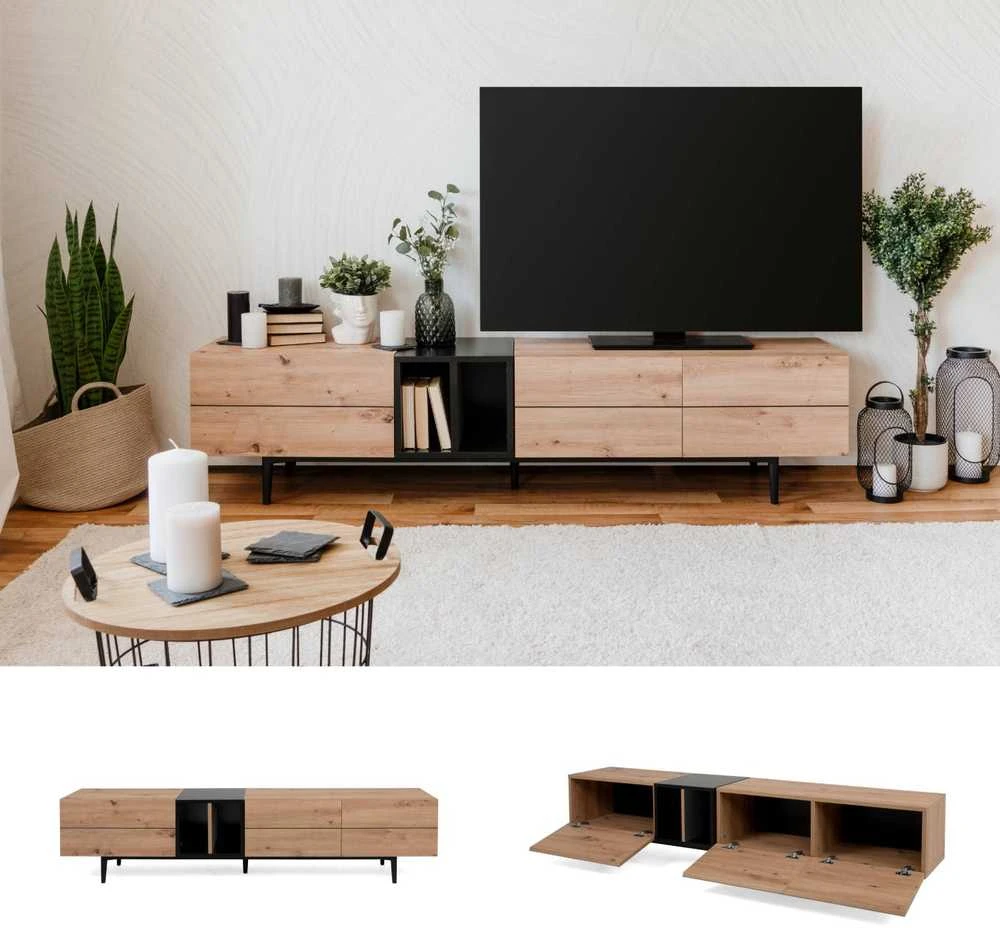 Homestyle4U TV staliukas, 195x37x48 cm, juodas, rudas
