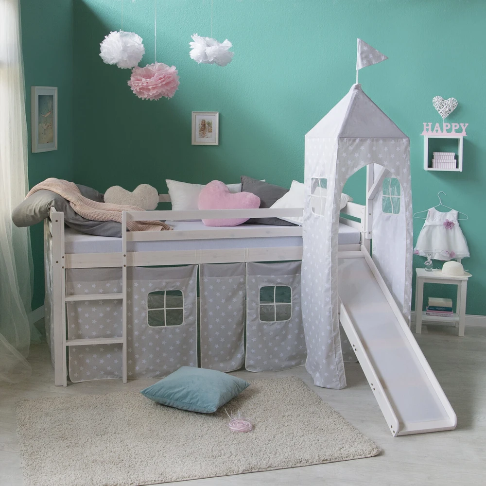 Homestyle4U Vaikiška aukšta lova su čiuožykla ir bokštu, 207,5x228x219,5 cm, balta