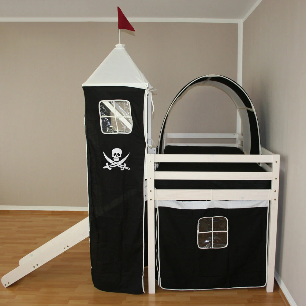 Homestyle4U Vaikiška dviaukštė lova, palėpės tipo lova su čiuožykla ir bokštu, 207.5x228x219.5 cm, balta