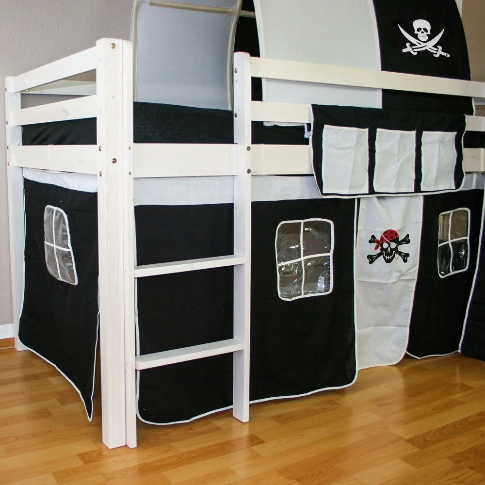 Homestyle4U Vaikiška dviaukštė lova, palėpės tipo lova su čiuožykla ir bokštu, 207.5x228x219.5 cm, balta